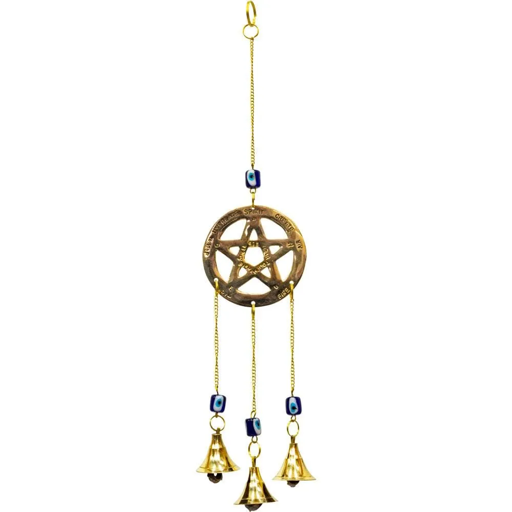 13.25" Brass Bell Chime - Pentacle with Evil Eye Beads