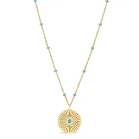 14k Gold Turquoise Sunbeam Medallion Satellite Chain Necklace