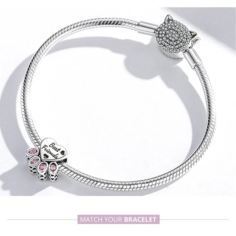 925 Sterling Silver Animal Paw Charm Beads Bracelet for Women