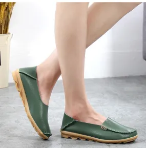 Army Green Summer Genuine Leather Round Head Flats for Women