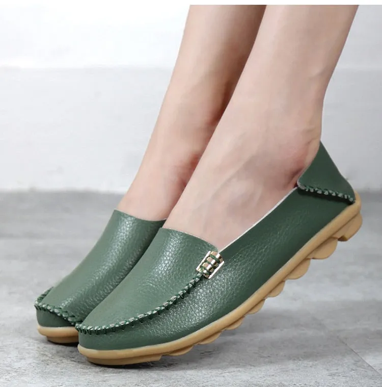 Army Green Summer Genuine Leather Round Head Flats for Women