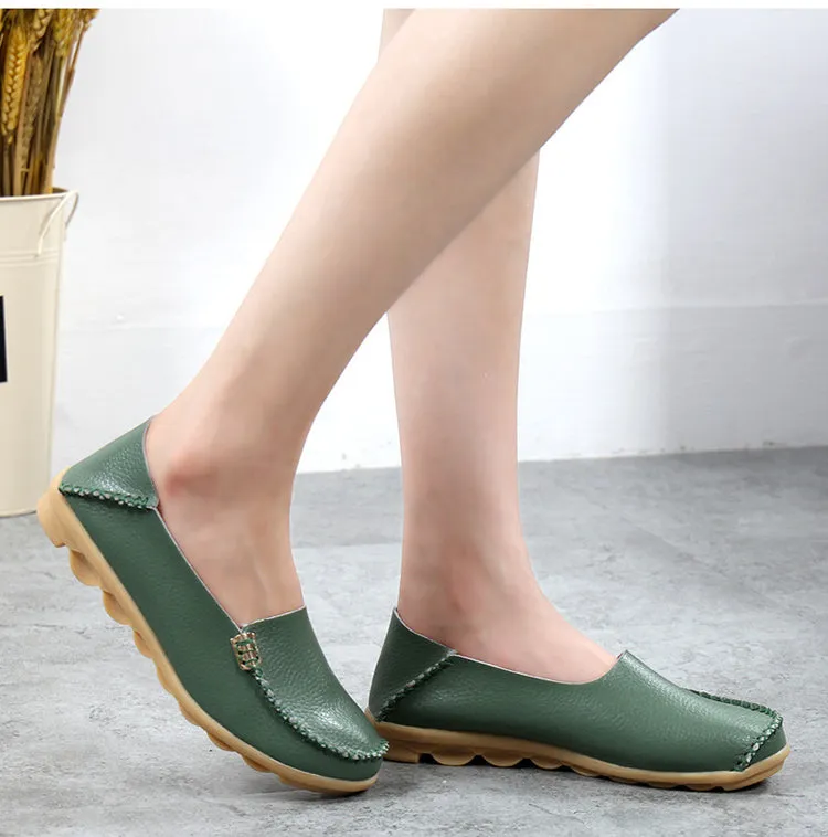 Army Green Summer Genuine Leather Round Head Flats for Women