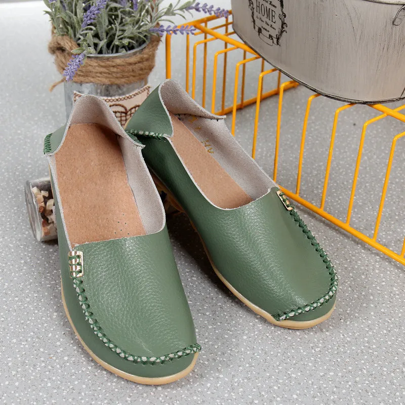 Army Green Summer Genuine Leather Round Head Flats for Women