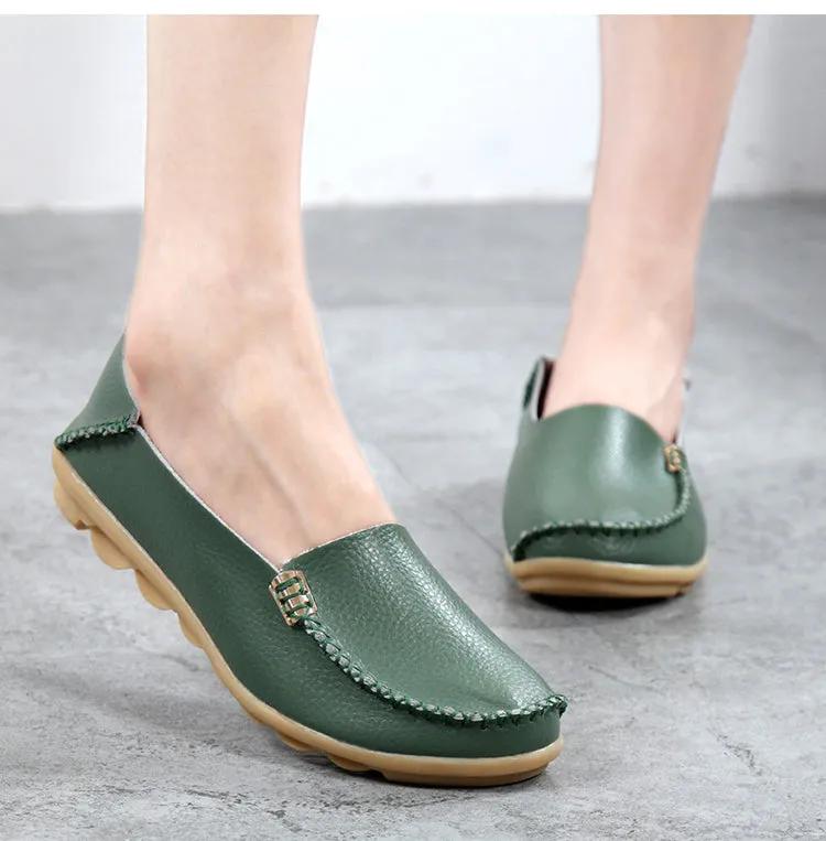 Army Green Summer Genuine Leather Round Head Flats for Women