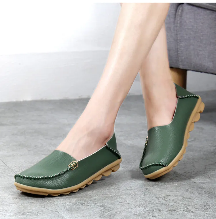 Army Green Summer Genuine Leather Round Head Flats for Women