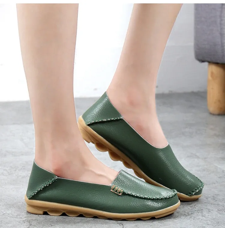 Army Green Summer Genuine Leather Round Head Flats for Women