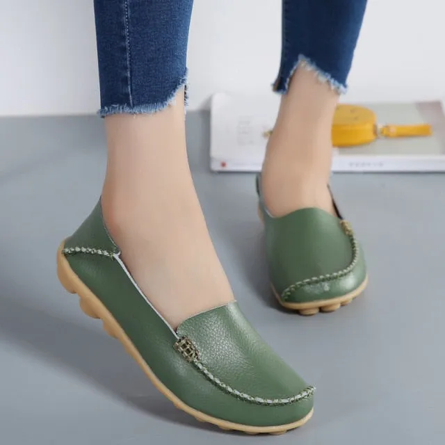 Army Green Summer Genuine Leather Round Head Flats for Women