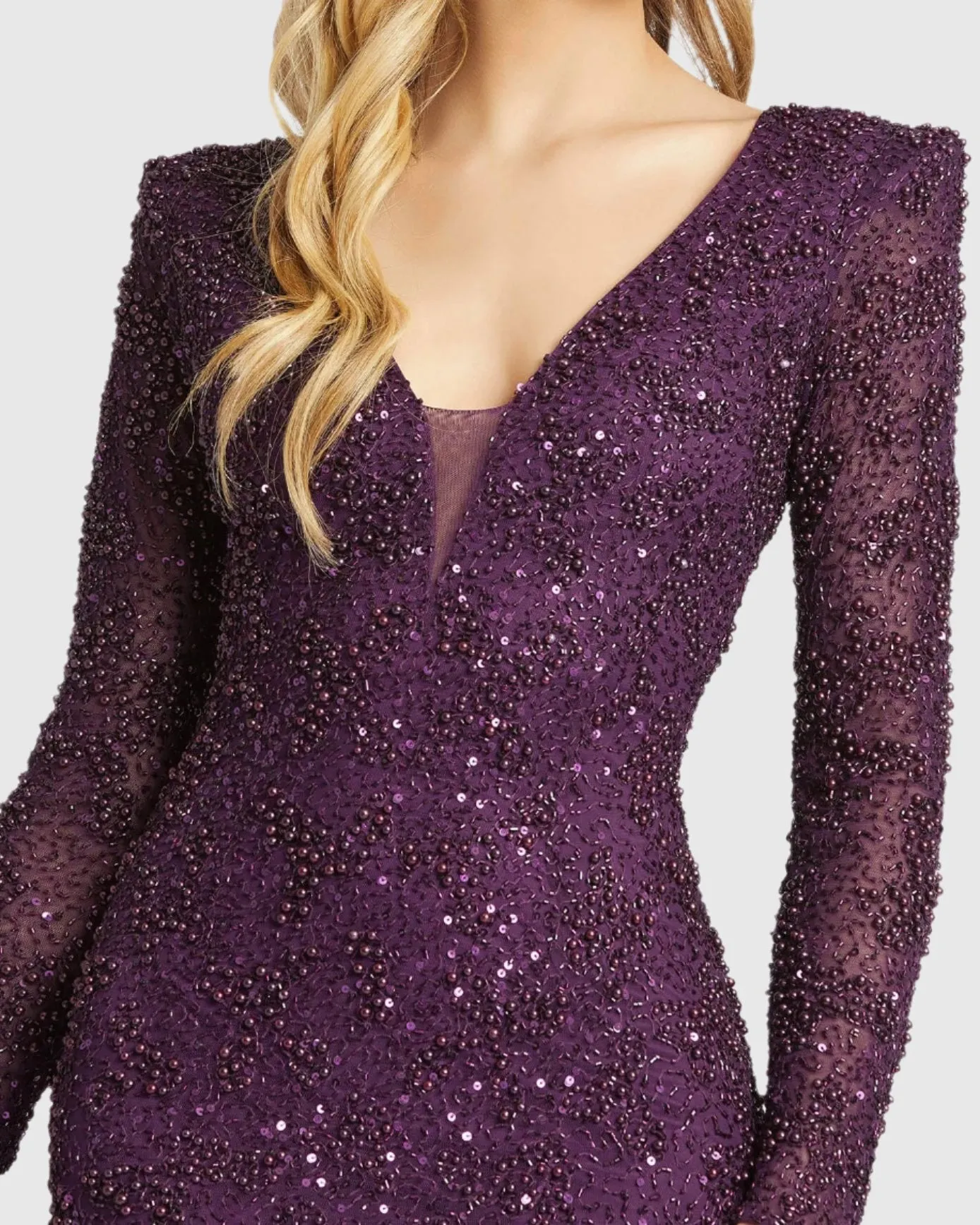 Beaded Illusion Plunge Neck Long Sleeve Gown - FINAL SALE