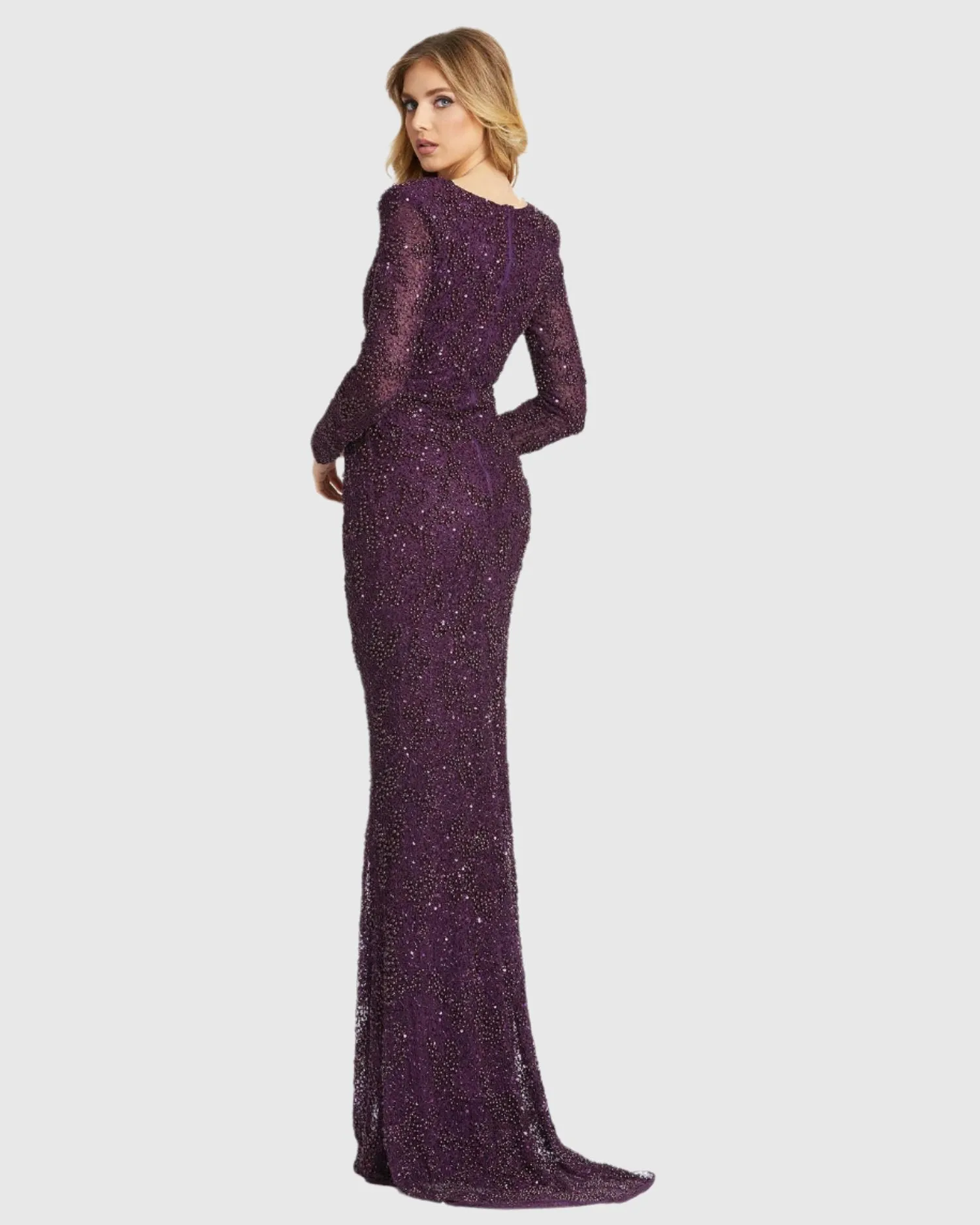 Beaded Illusion Plunge Neck Long Sleeve Gown - FINAL SALE