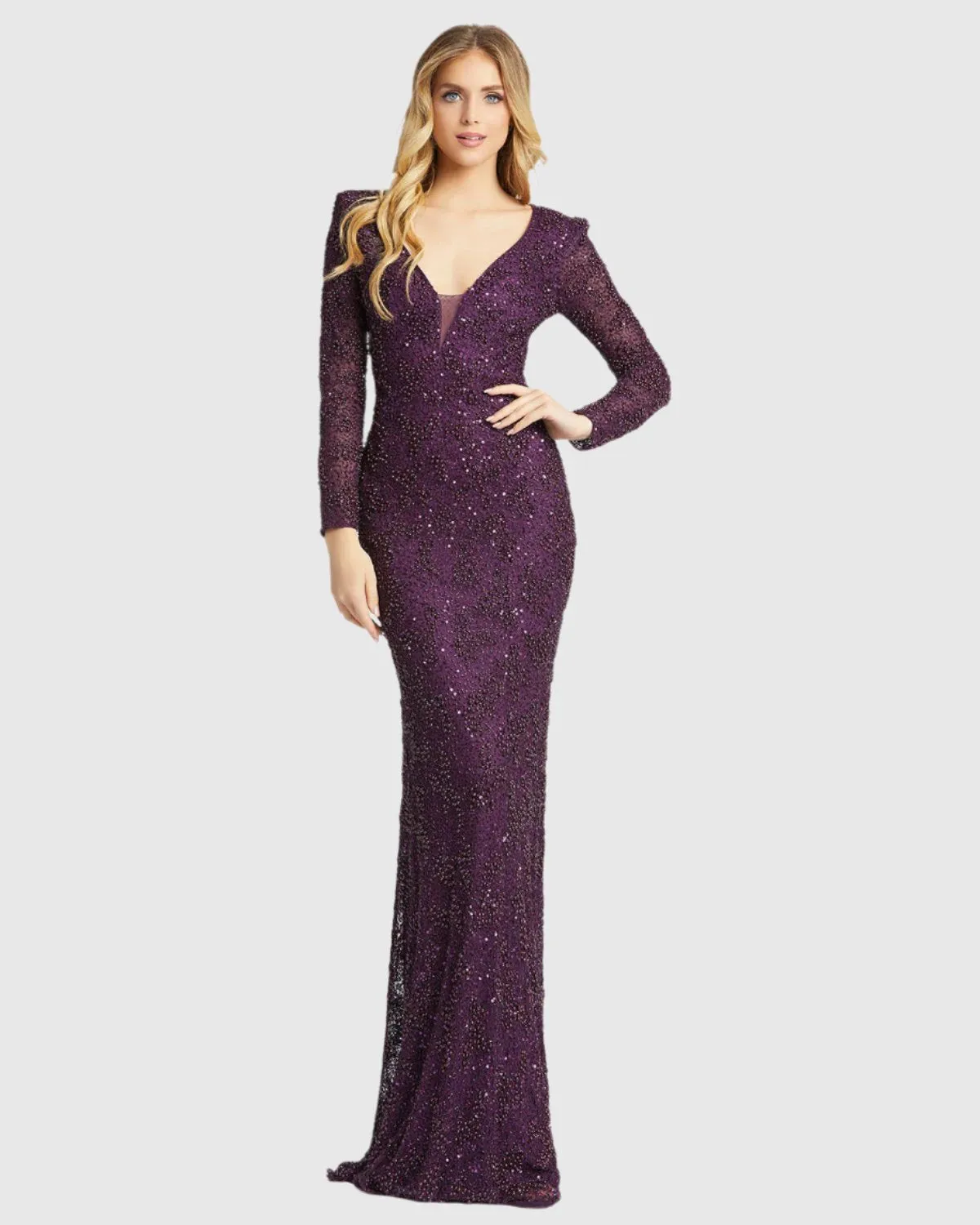 Beaded Illusion Plunge Neck Long Sleeve Gown - FINAL SALE