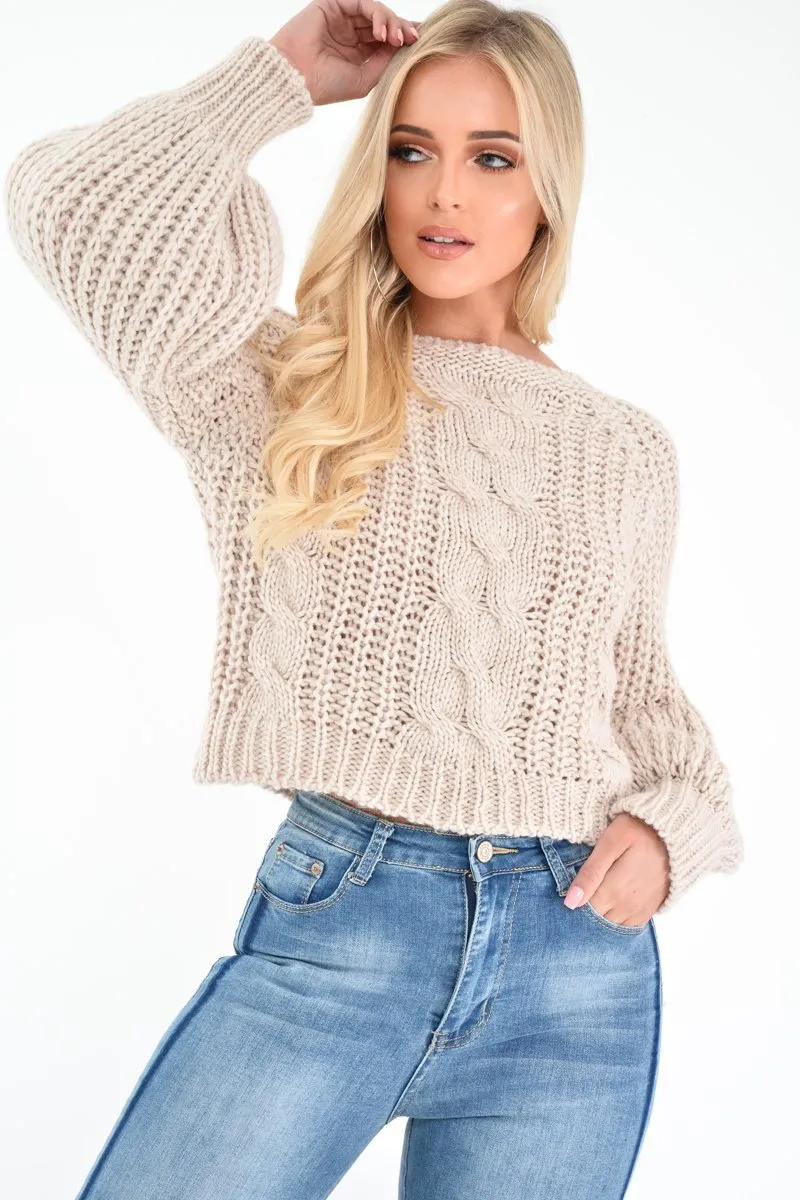 Beige Chunky Knit Balloon Sleeve Jumper - Rielynn