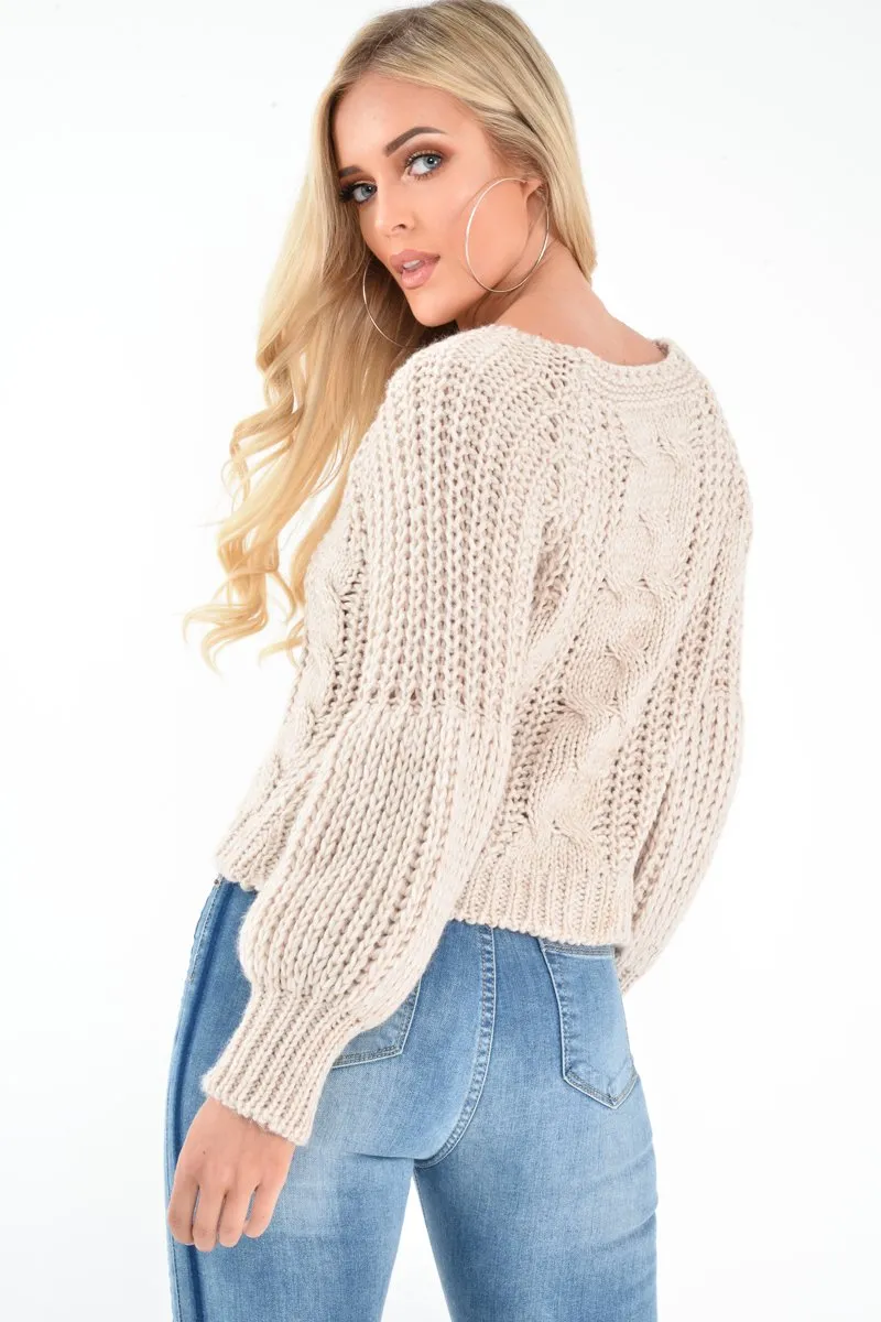 Beige Chunky Knit Balloon Sleeve Jumper - Rielynn