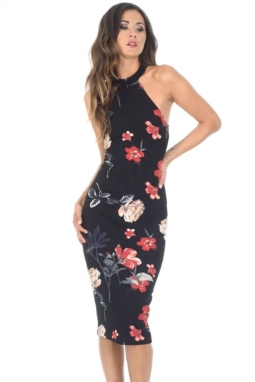 Black Floral Halter Midi Dress