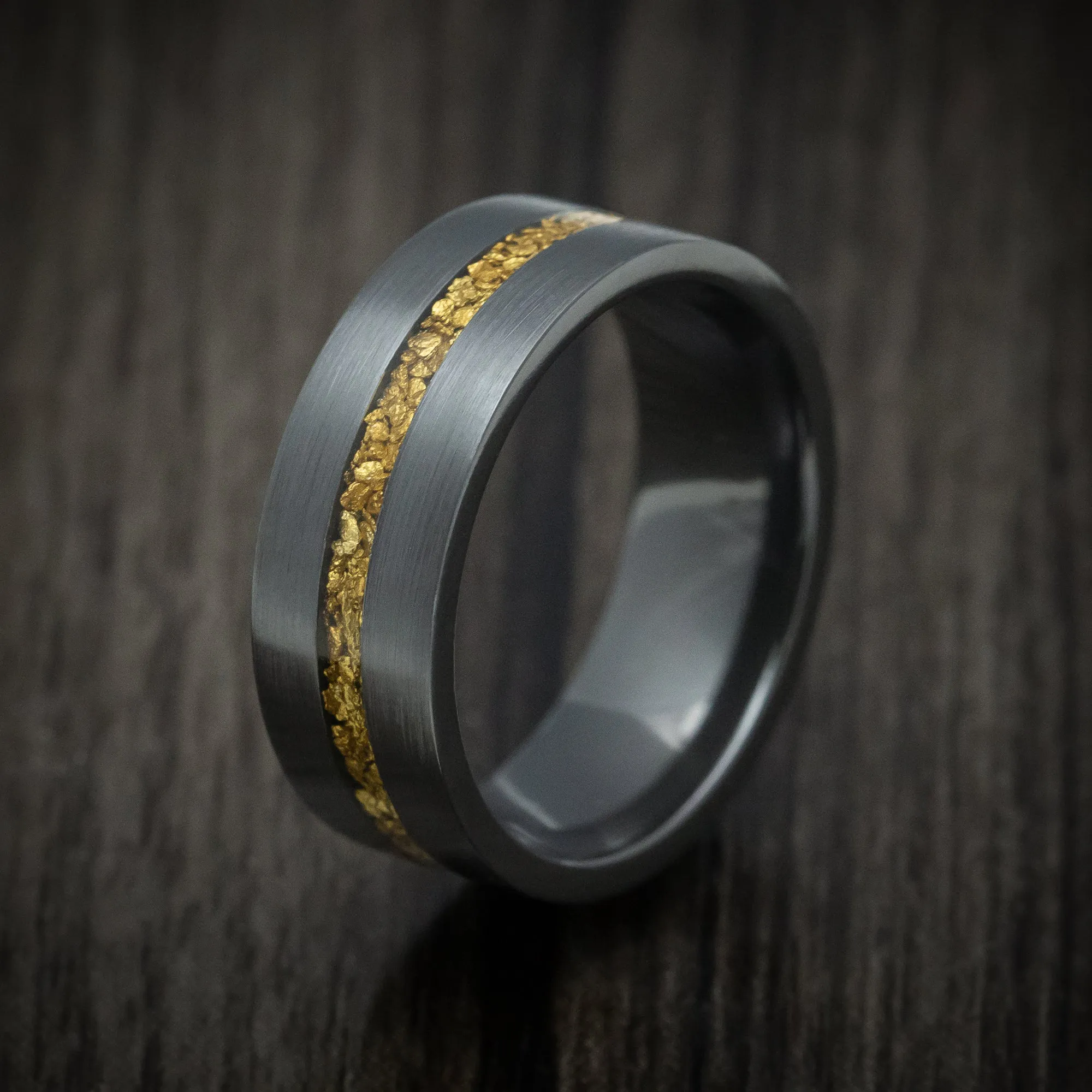 Black Zirconium and 24K Raw Gold Nugget Men's Ring Custom Made Band