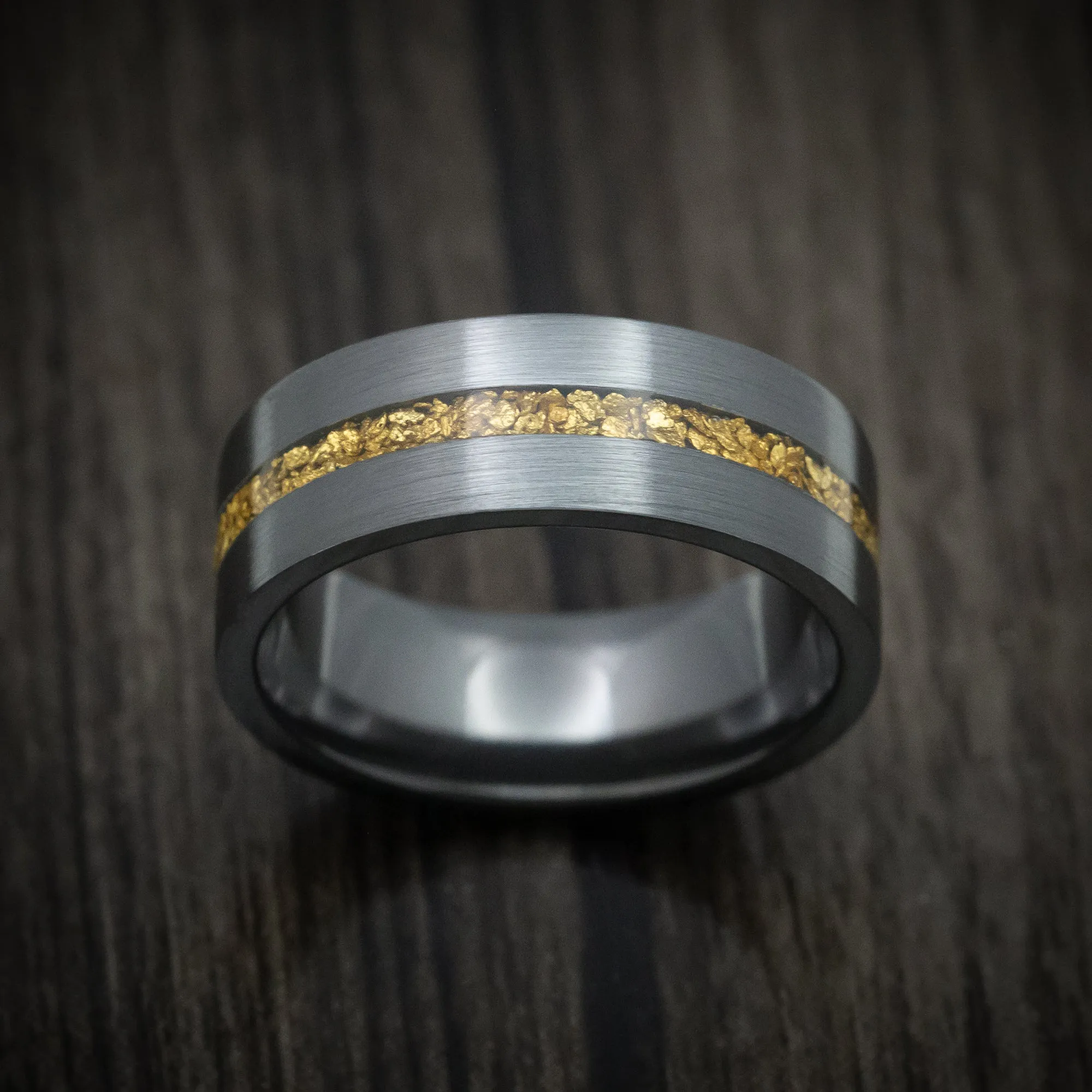 Black Zirconium and 24K Raw Gold Nugget Men's Ring Custom Made Band