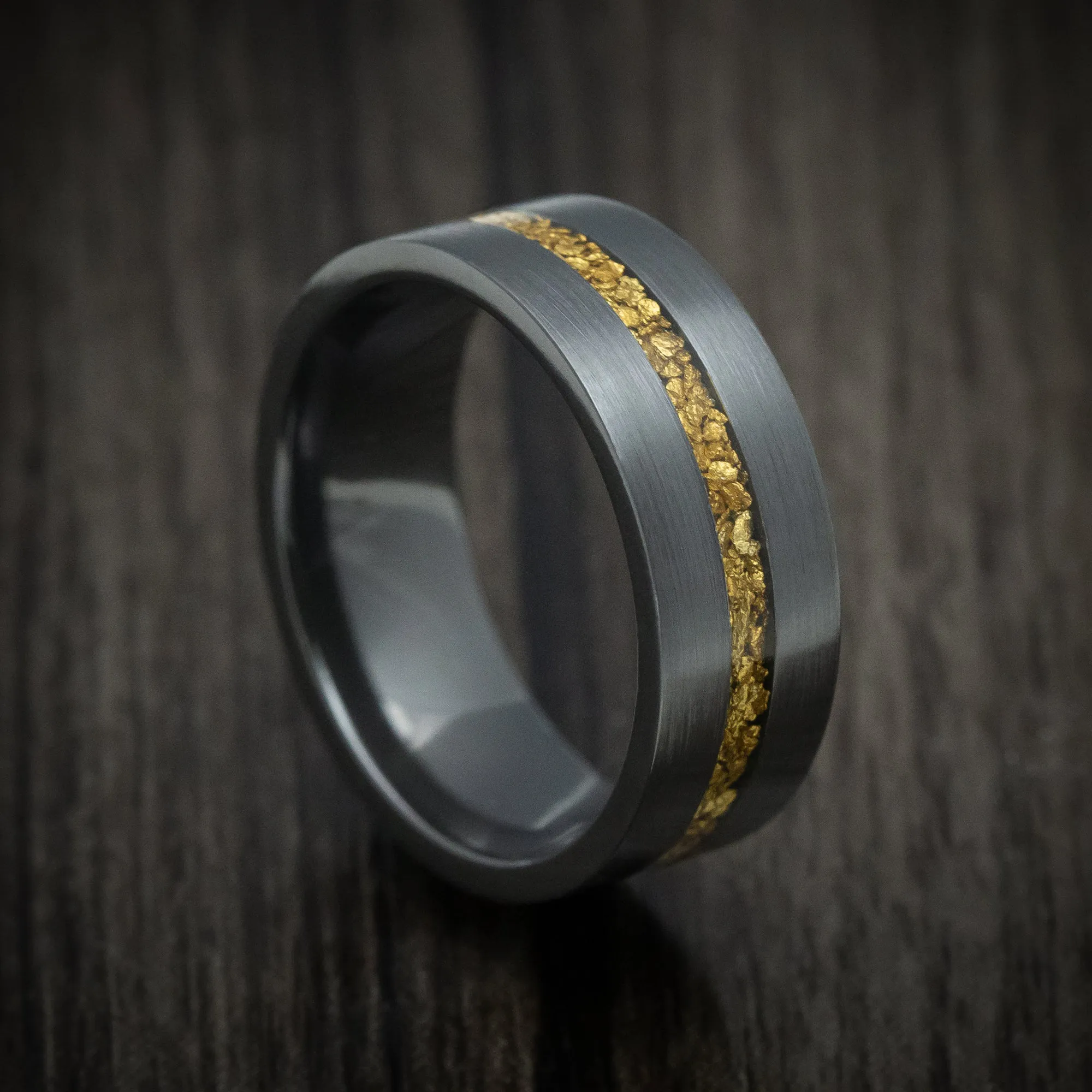 Black Zirconium and 24K Raw Gold Nugget Men's Ring Custom Made Band