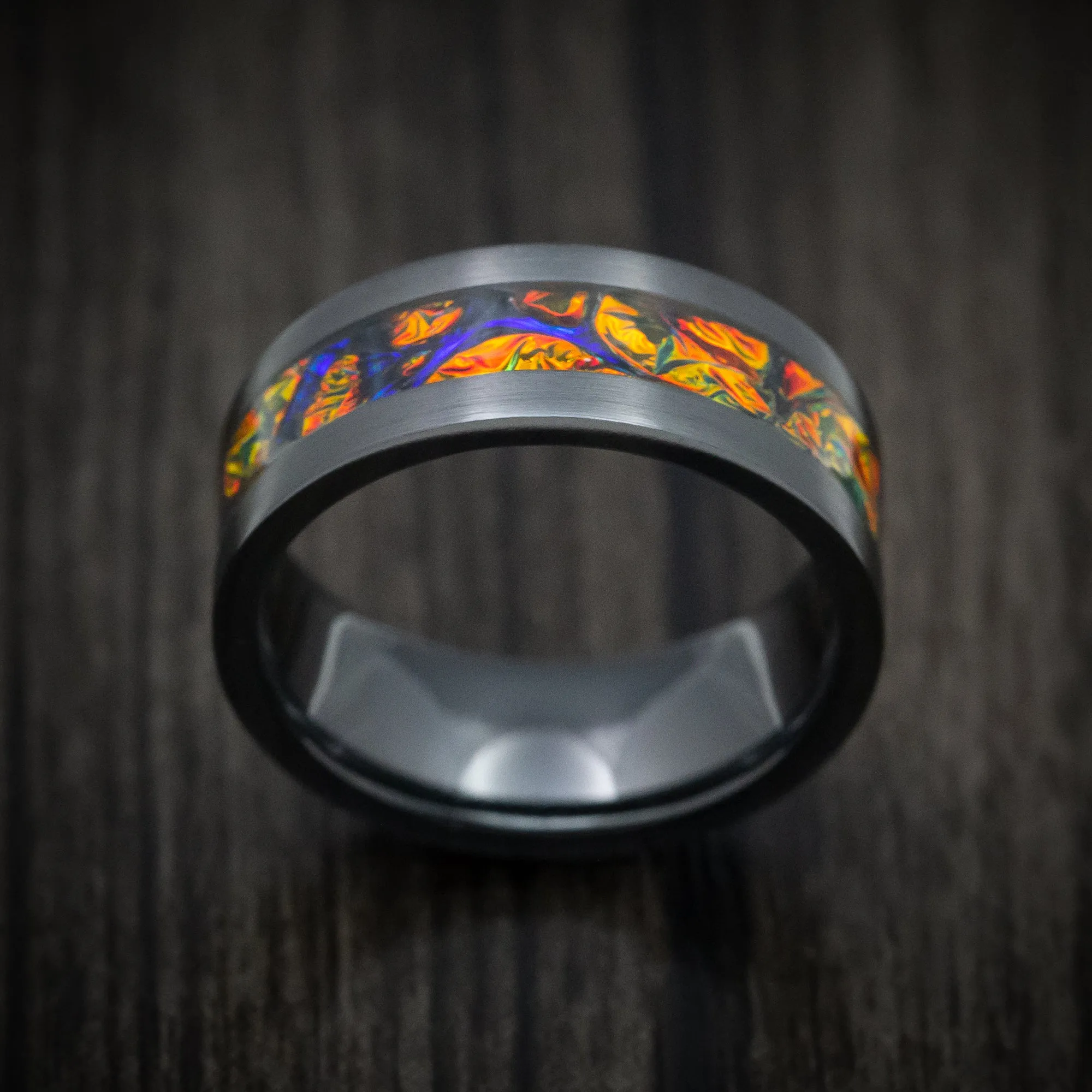 Black Zirconium and Dichrolam Inlay Men's Ring Custom Made Band