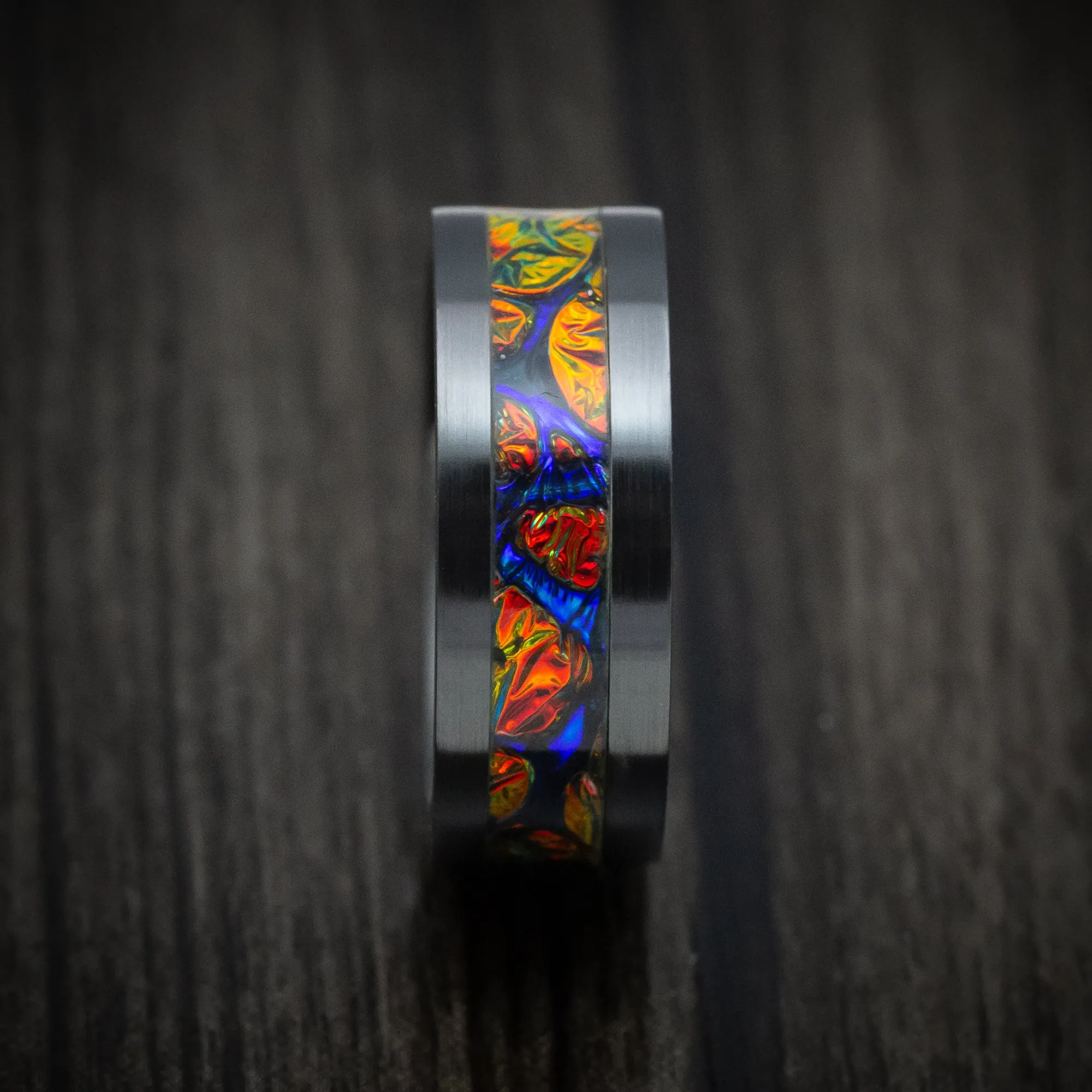 Black Zirconium and Dichrolam Inlay Men's Ring Custom Made Band