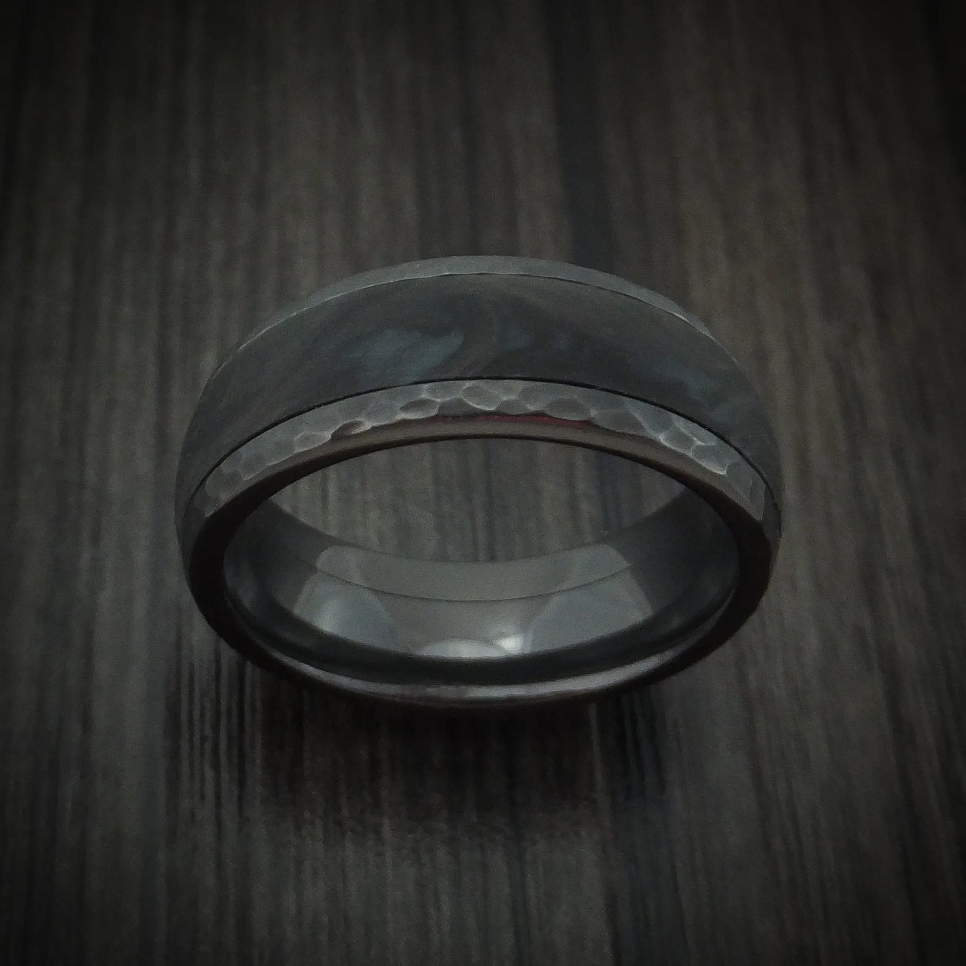 Black Zirconium Hammered Men's Ring with Forged Carbon Fiber Inlay Band