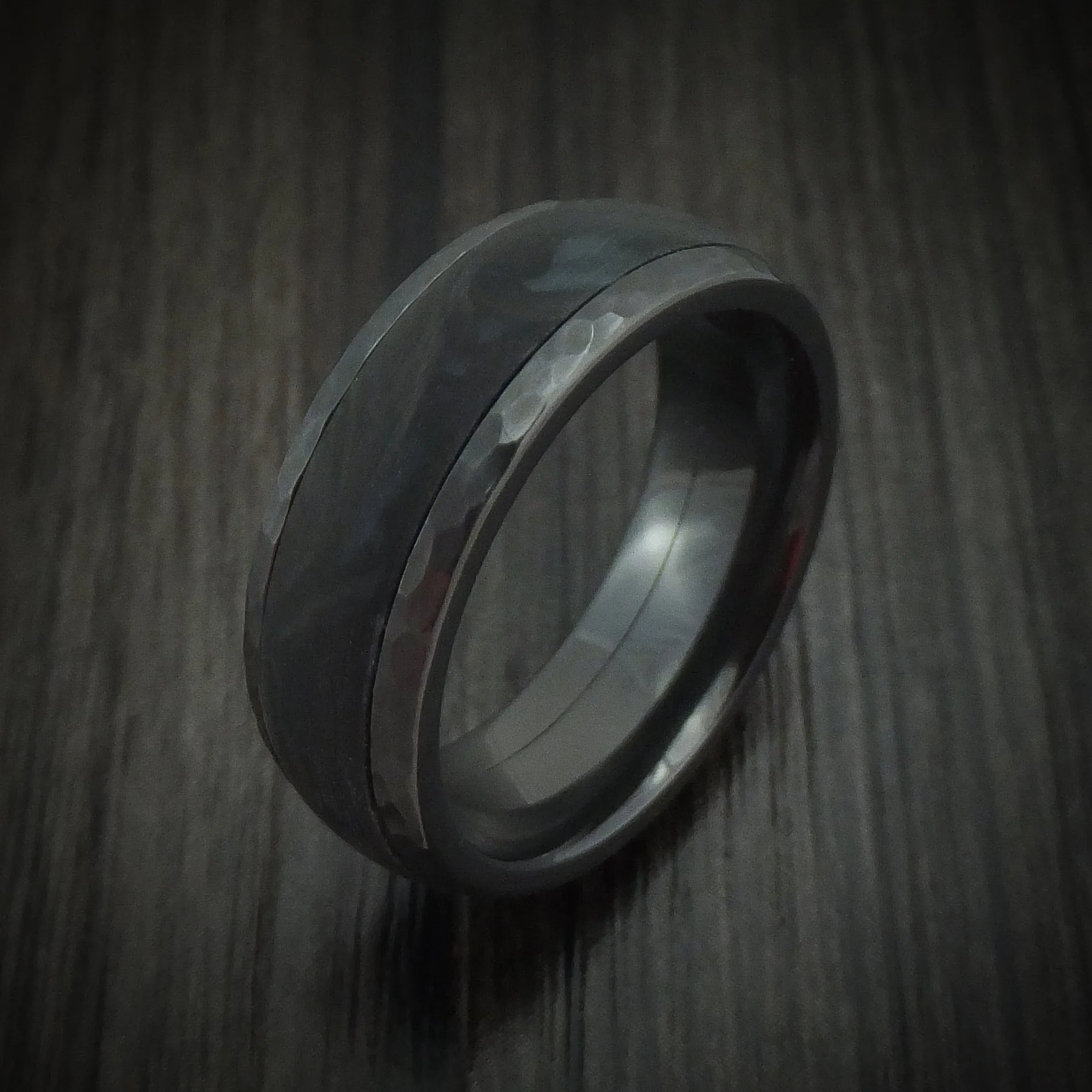 Black Zirconium Hammered Men's Ring with Forged Carbon Fiber Inlay Band