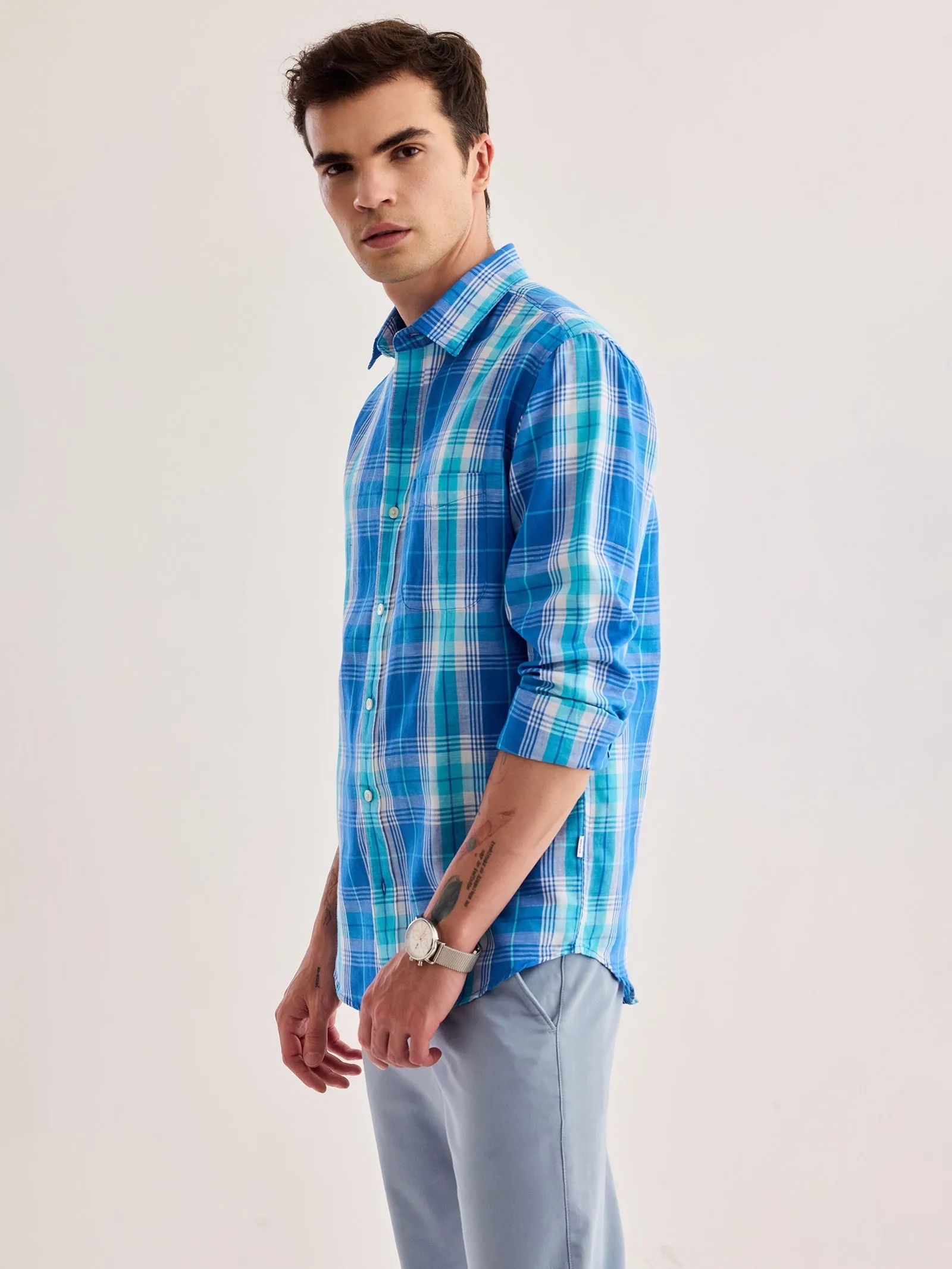 Blue Checked Linen Shirt