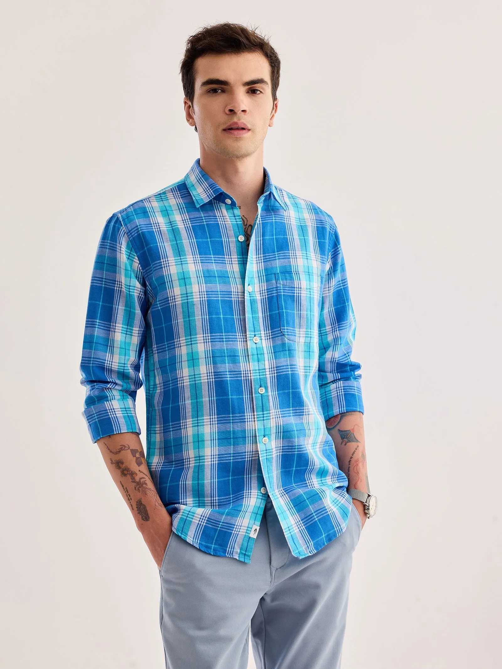 Blue Checked Linen Shirt