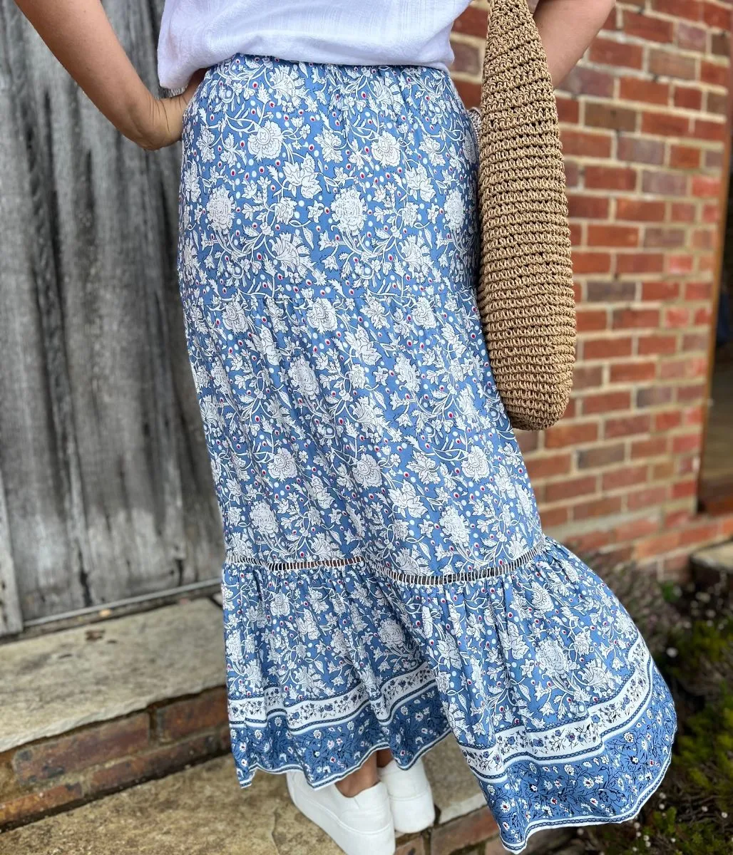 Blue Floral Tiered Midaxi Skirt