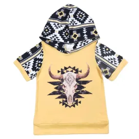 Boys Short Sleeve Steer Skull Geo Southwest Hooded Top