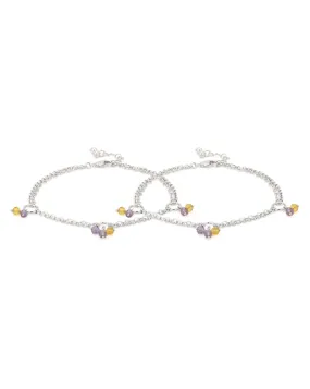 Carlton London -Set Of 2 Rhodium-Plated Silver Toned Purple & Yellow Link Beaded Anklets For Women