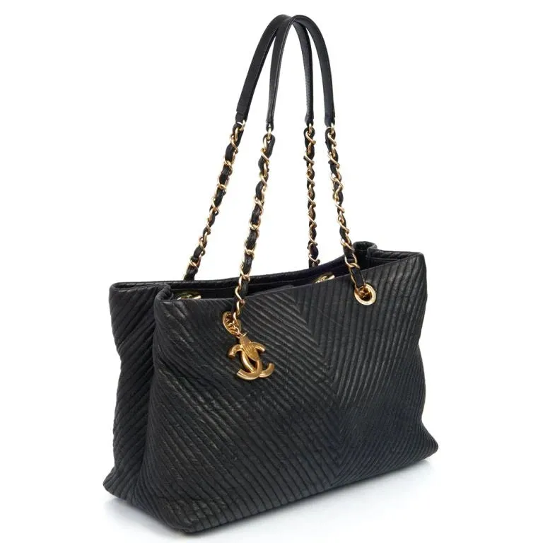 Chanel Surpique Chevron Grand Shopping Tote Bag Black