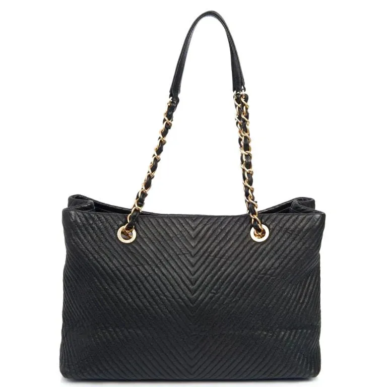 Chanel Surpique Chevron Grand Shopping Tote Bag Black