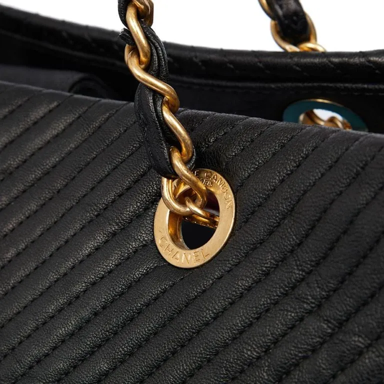 Chanel Surpique Chevron Grand Shopping Tote Bag Black