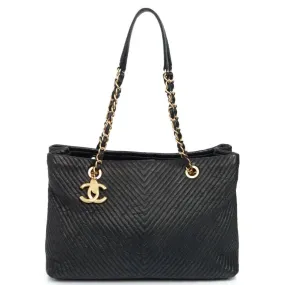 Chanel Surpique Chevron Grand Shopping Tote Bag Black