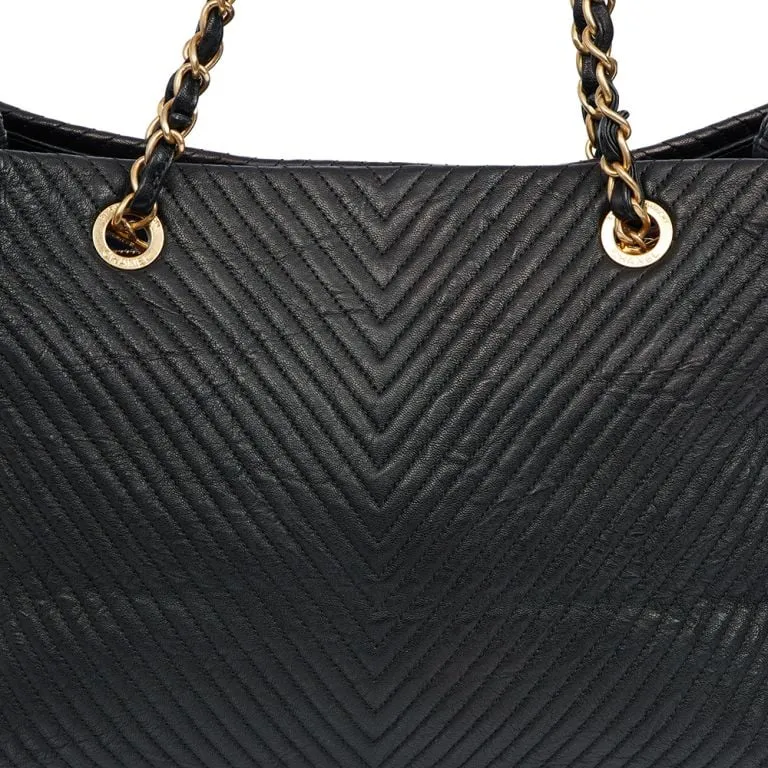 Chanel Surpique Chevron Grand Shopping Tote Bag Black