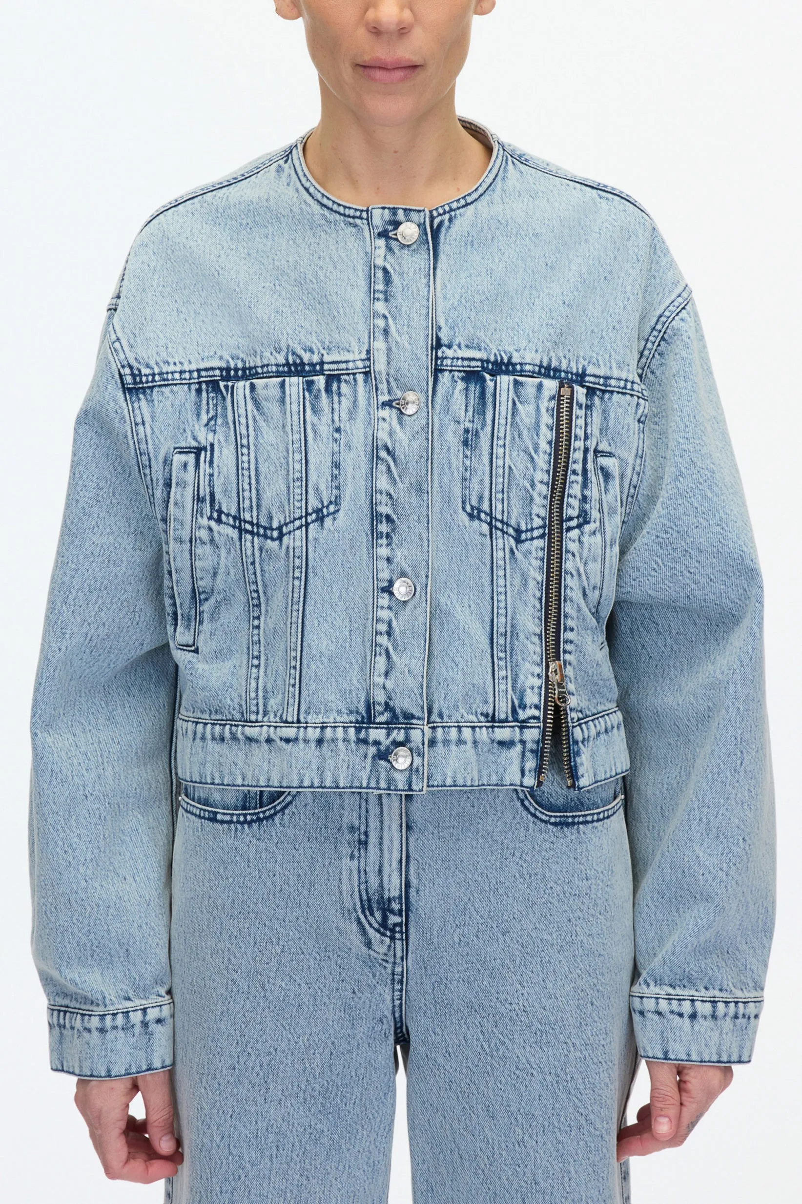 Crewneck Cropped Denim Jacket