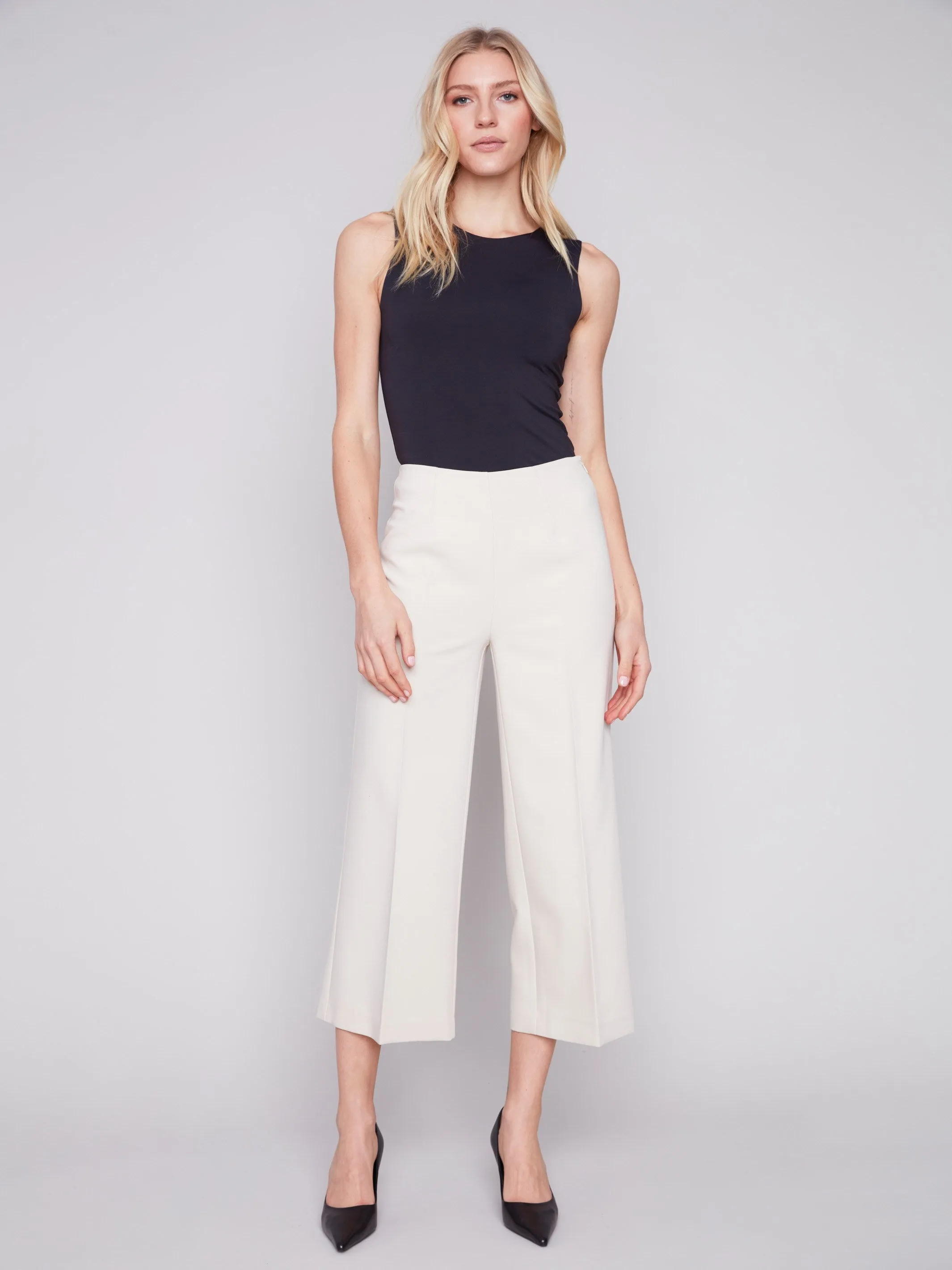 Cropped Wide Leg Pants - Beige