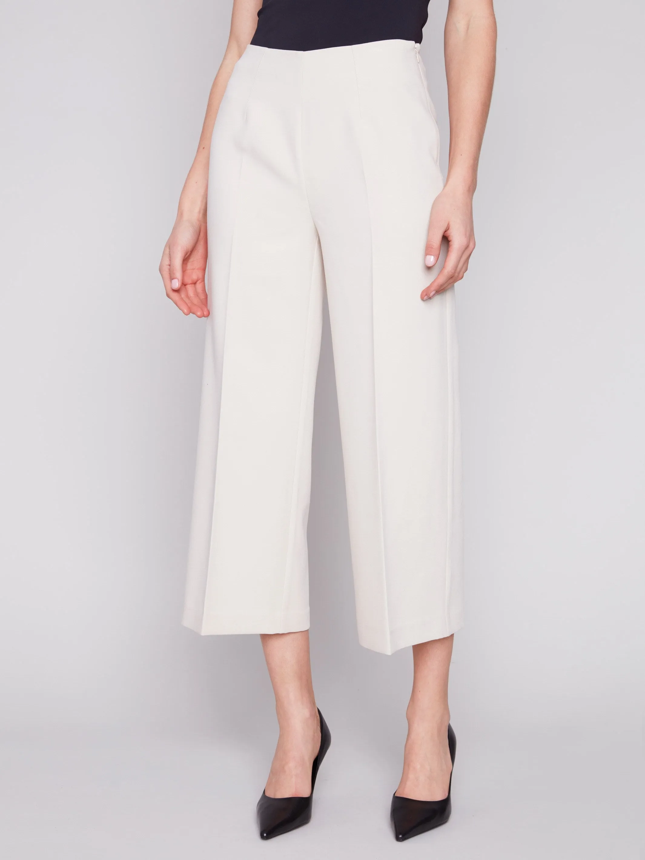 Cropped Wide Leg Pants - Beige