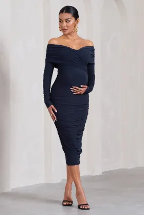 Davina | Navy Ruched Twist Bardot Long-Sleeve Maternity Midi Dress