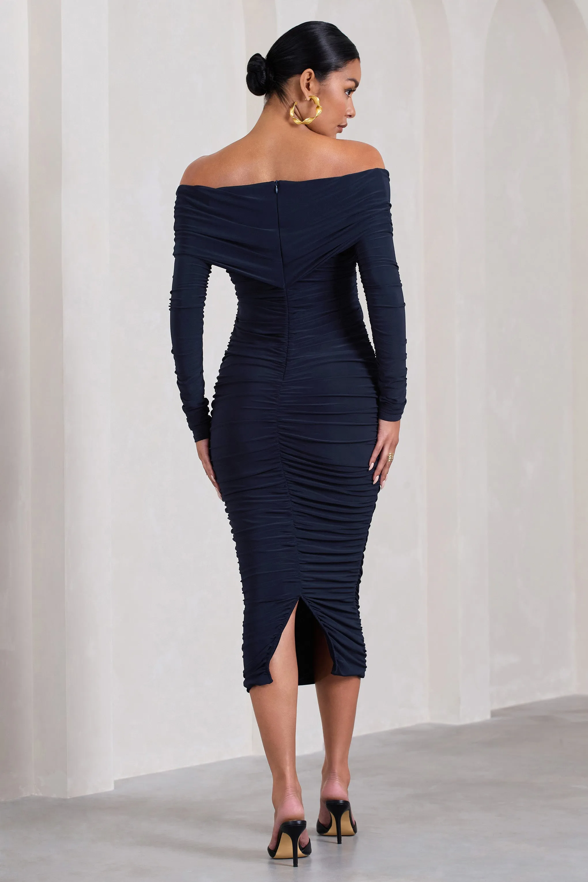 Davina | Navy Ruched Twist Bardot Long-Sleeve Maternity Midi Dress