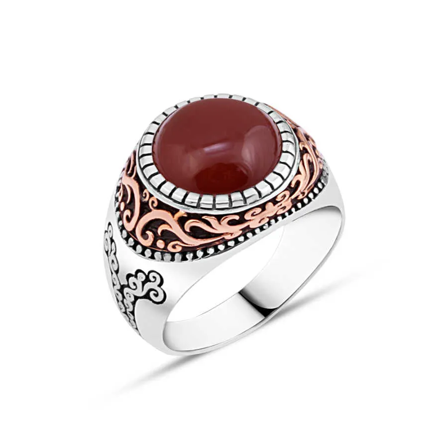 Domic Small Circle Red Agate Stone Silver Men's Ring with Wavy Top Pattern