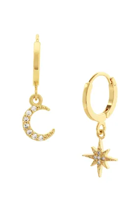 Five and Two Chloe Huggie Hoop Star Moon Charm Earrings in 14k Gold Plated