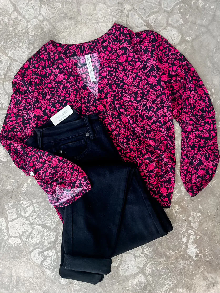 Gabby Front Top With Button Sleeve Detail In Magenta Florals