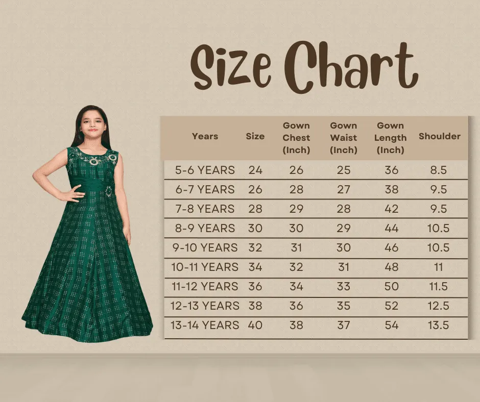 Green & Gold Toned Printed Panelled Simple Design Raw Silk Gown For Girls