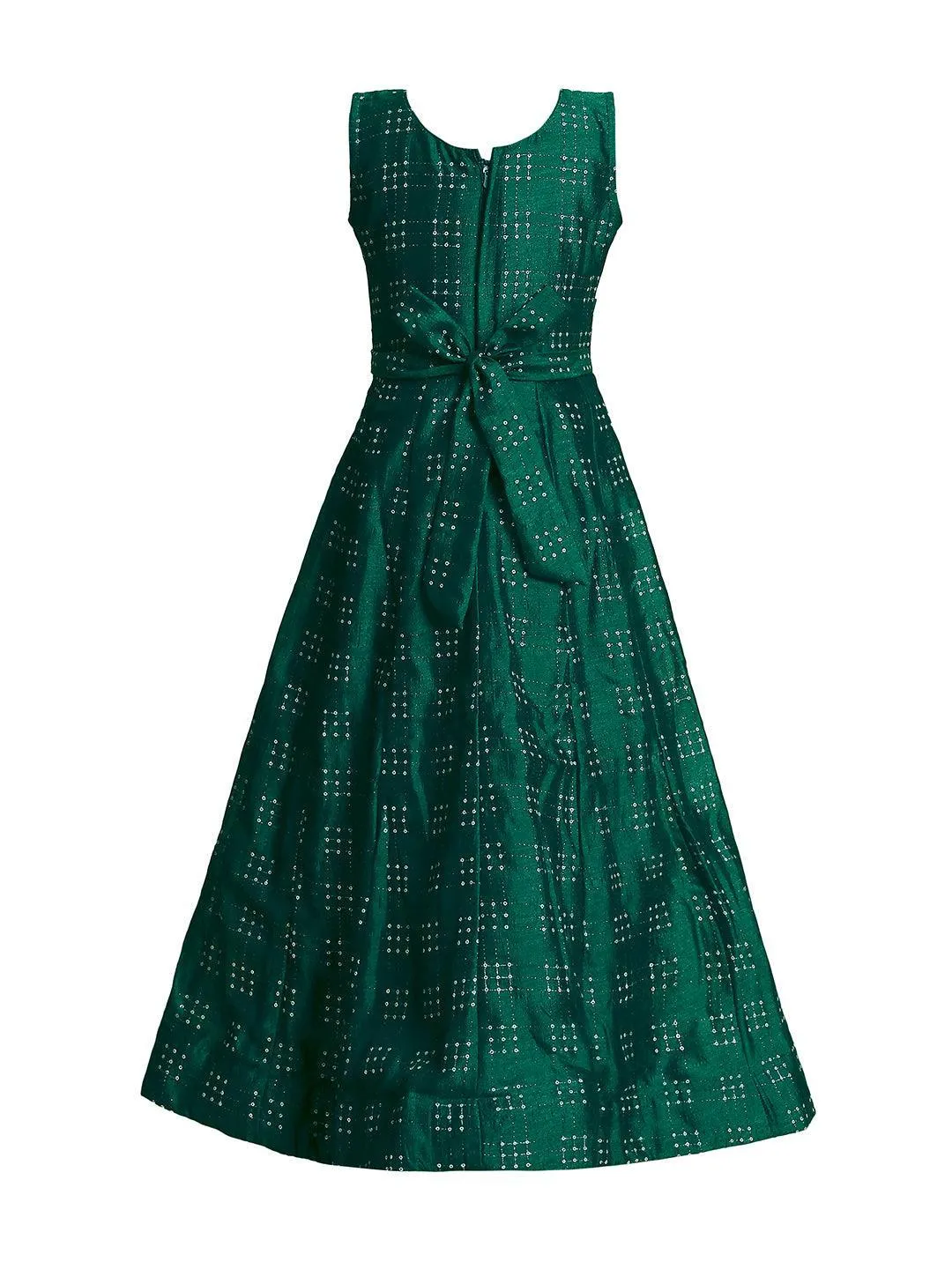 Green & Gold Toned Printed Panelled Simple Design Raw Silk Gown For Girls