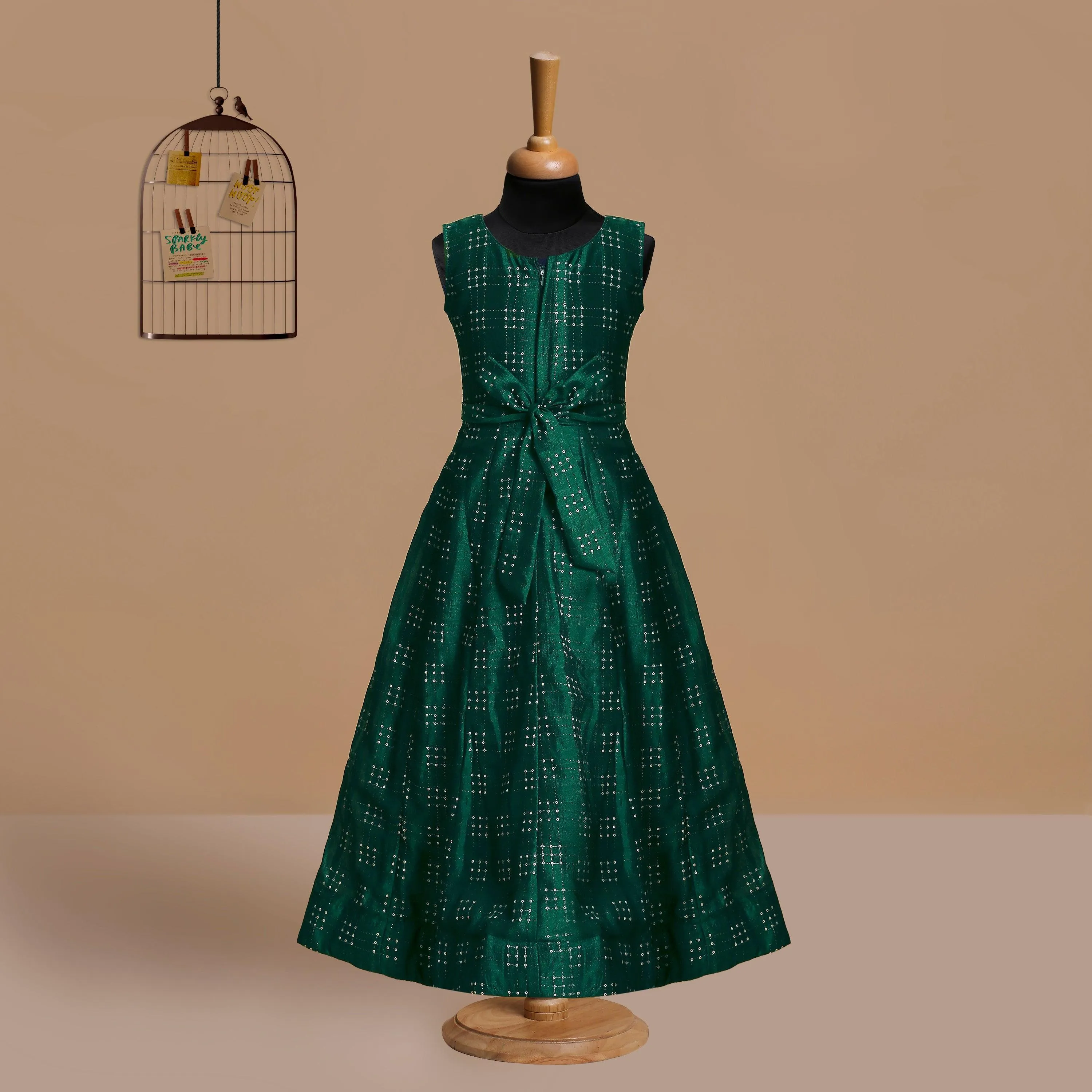 Green & Gold Toned Printed Panelled Simple Design Raw Silk Gown For Girls