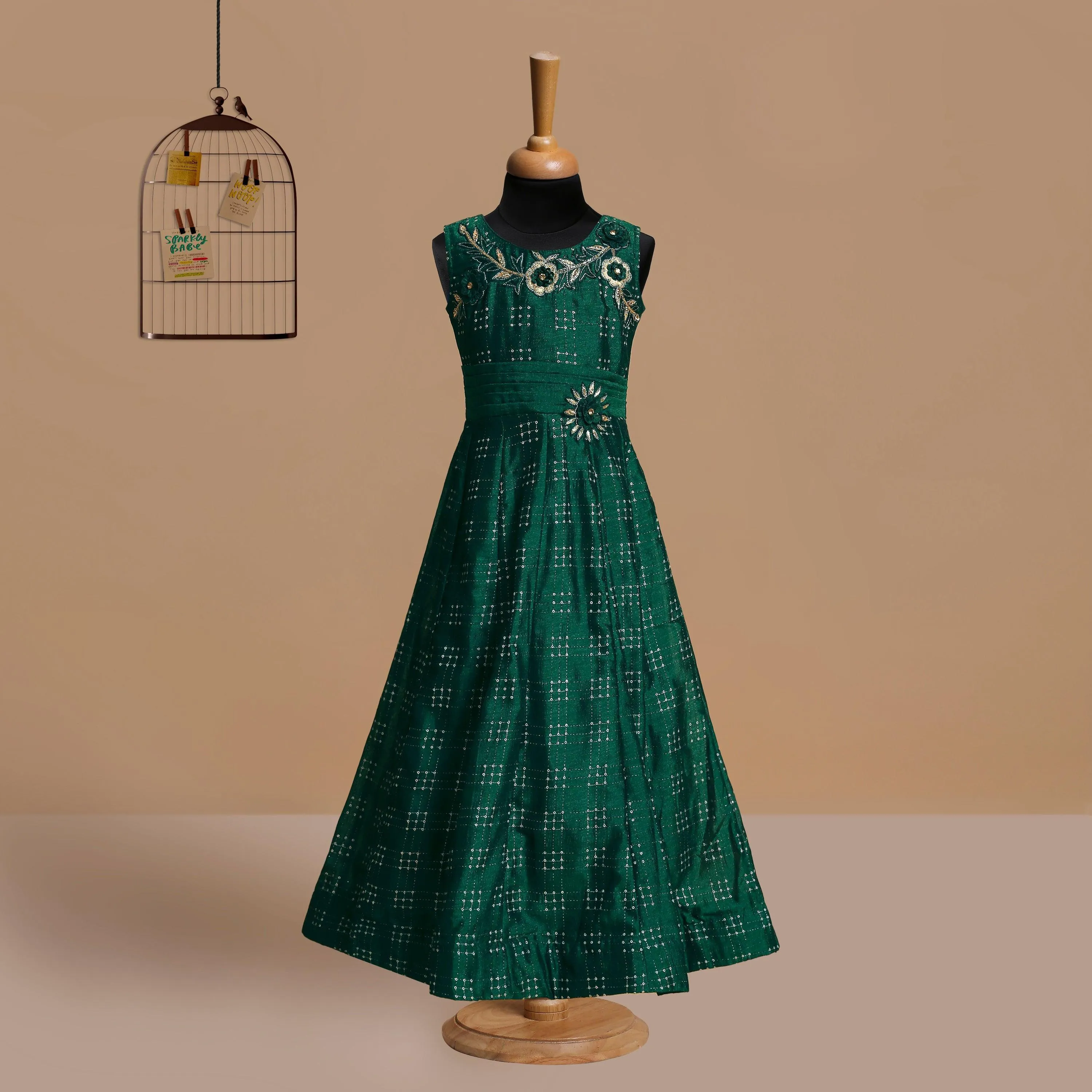 Green & Gold Toned Printed Panelled Simple Design Raw Silk Gown For Girls