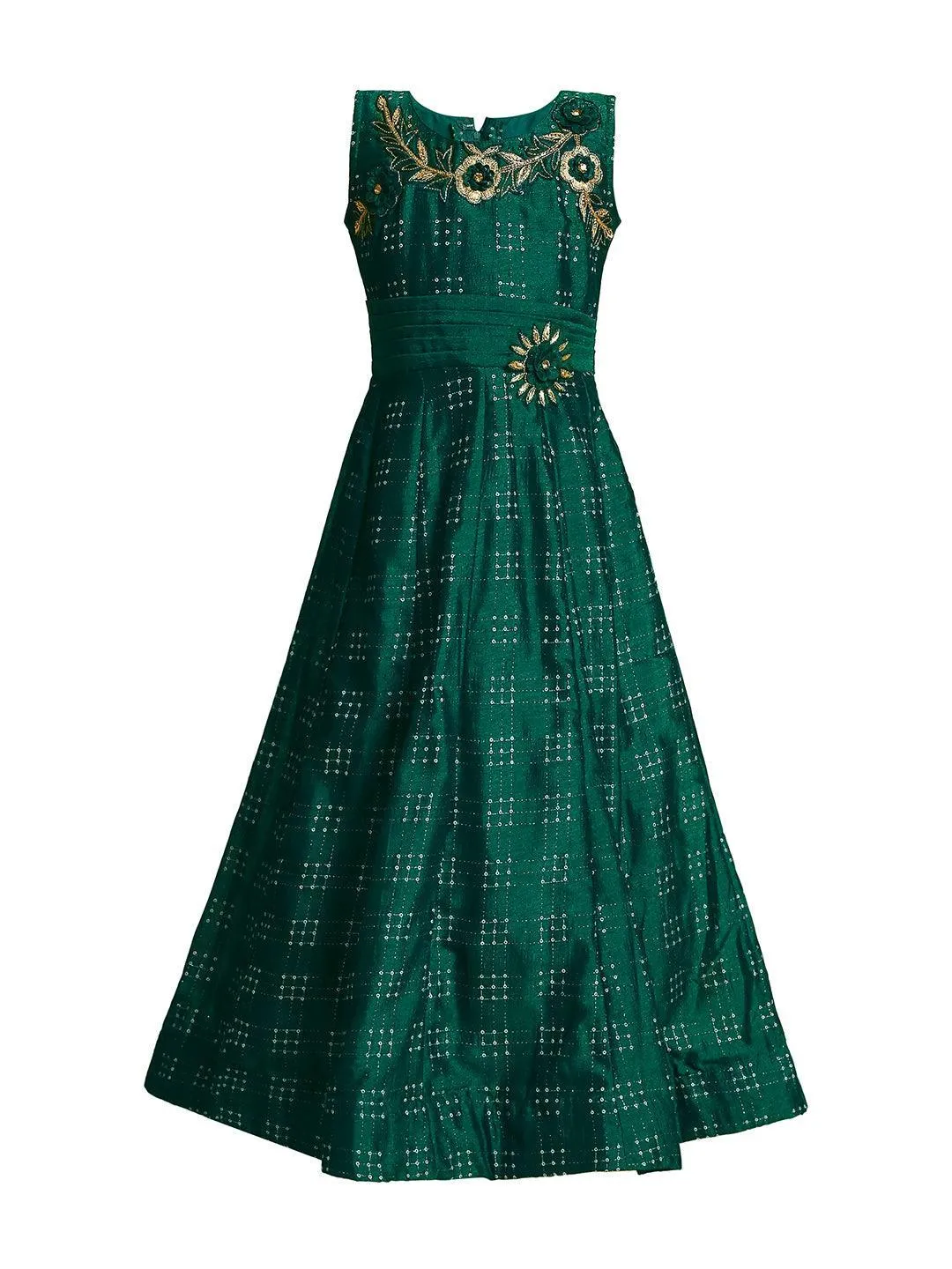 Green & Gold Toned Printed Panelled Simple Design Raw Silk Gown For Girls