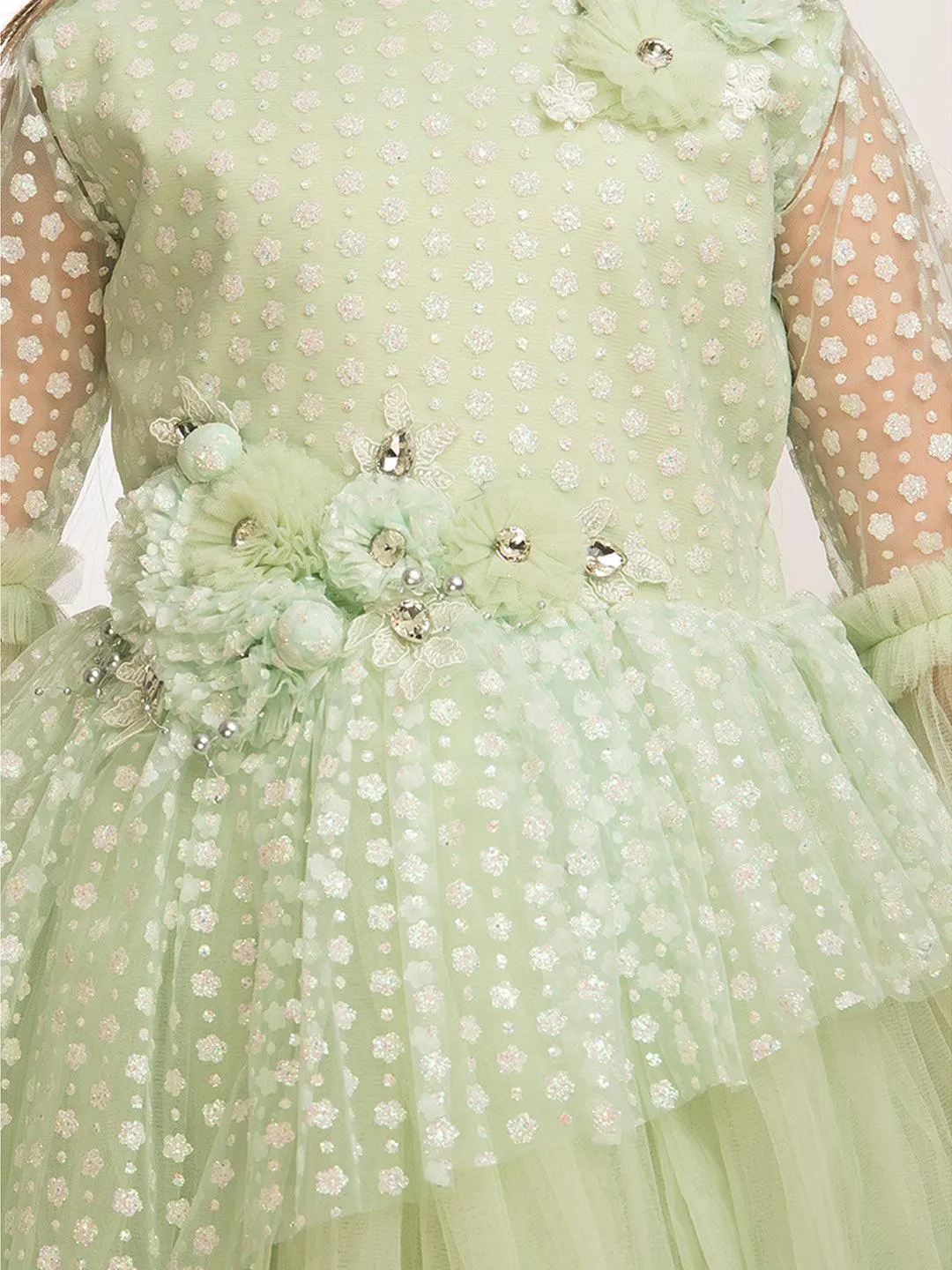 Green Coloured Net Fabric Gown For Girls