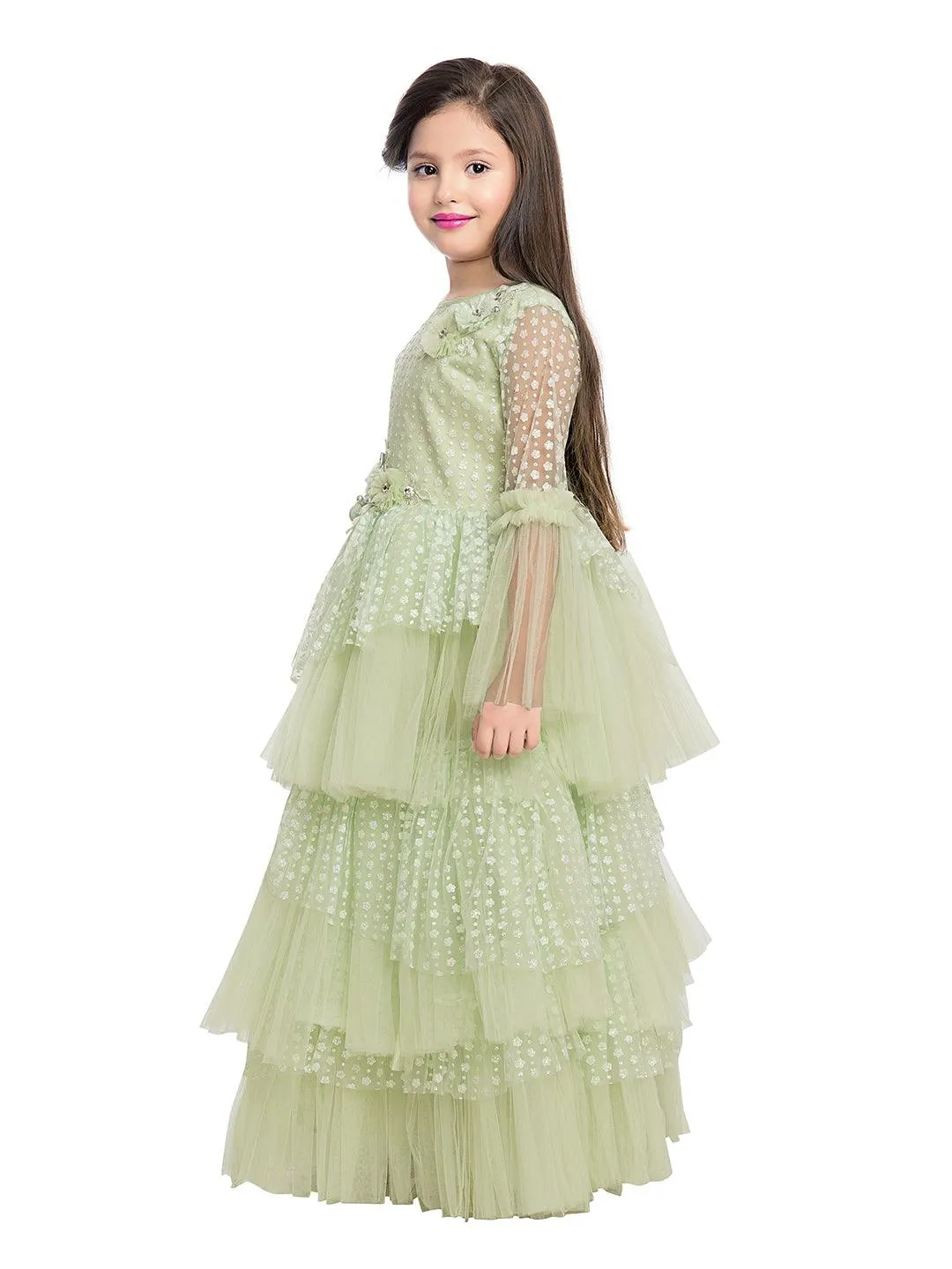 Green Coloured Net Fabric Gown For Girls