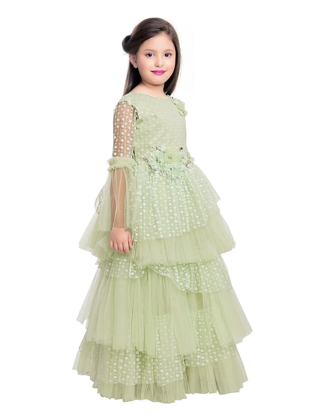 Green Coloured Net Fabric Gown For Girls